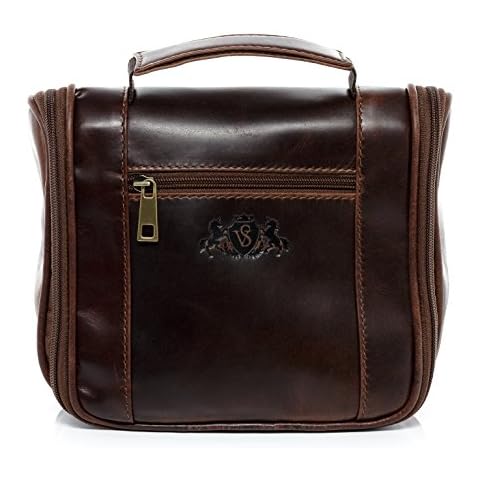 SID & VAIN Hanging wash Bag Heathrow Travel Overnight Wash Gym necesaire Real Leather Toiletry Bag with Hook Leather Bag Women and Men Brown Cover