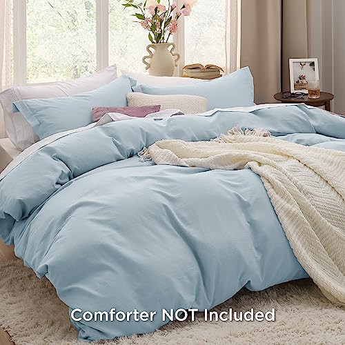 Image of Bedsure Sky Blue Duvet Cover Queen Size - 3 Pieces Prewashed Cotton-Like Polyester Extra Soft Bedding Set, Includes 1 Duvet Cover 90x90 Inches with Zipper Closure & 2 Pillow Shams, No Comforter