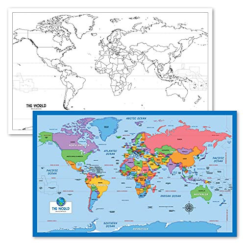 Palace Learning 2 Pack - Blank World Map Outline Poster + Simplified World Map For Kids [Blank] (Laminated, 18" X 29") #TOP13