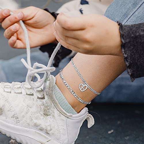 Image of Initial Ankle Bracelets for Women 2pcs 18K Gold Plated Handmade Layered Letter Heart Figaro Chain Flat Mariner Anklets for Women Cute Summer Beach Foot Jewelry