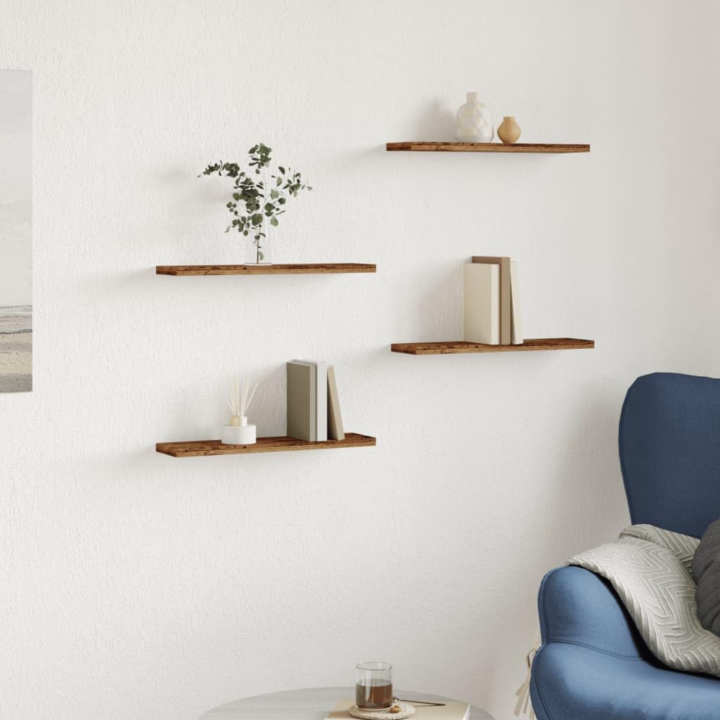 Estantería de pared, 4 unidades, aspecto de madera envejecida, 40 x 10 x 1,5 cm, para salón, dormitorio, oficina, pasillo, con espacio de almacenamiento y función de almacenamiento