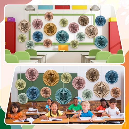 Image of 18 Pcs Boho Hanging Paper Fans Decor Back to School Paper Fans Round Garlands Bulletin Board Classroom Decorations for Birthday Classroom Neutral Baby Shower Backdrop Party Supplies