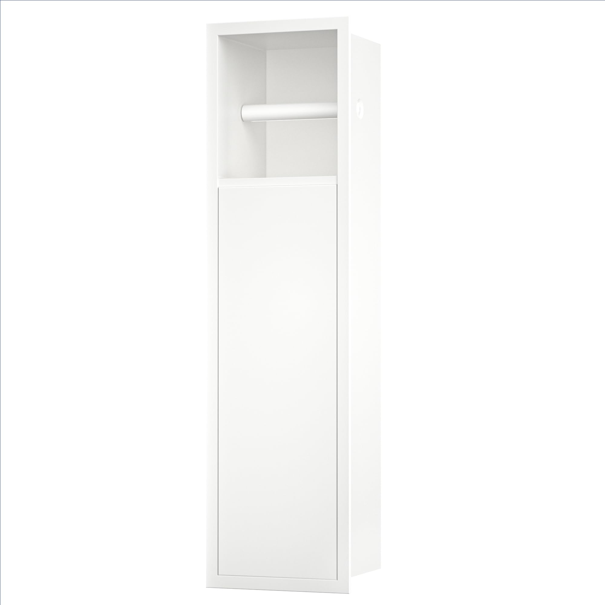 Módulo de armario empotrado de acero inoxidable para juego de escobillas, armario de baño con soporte para papel higiénico, con puerta corredera, 63 x 15 x 15 cm, color blanco