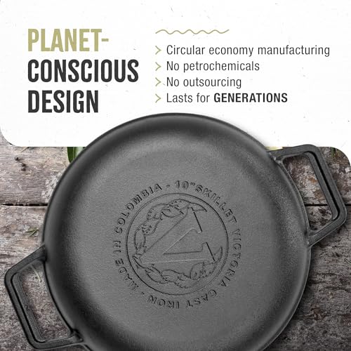 Image of Victoria Cast Iron Round Skillet with Double Loop Handles, Made in Colombia, 10 Inches