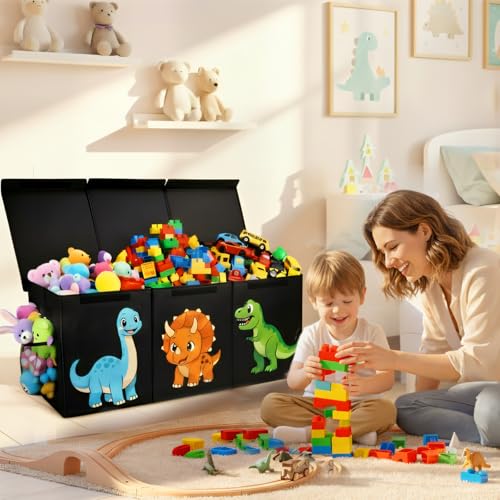 Extra Large Collapsible Toy Box Chest, Sturdy Dinosaur Toy Storage Organizer with Lids, 40"x16"x14", Toy Box for Boys Girls, Cute Kids Bin Baskets for Living Room, Playroom, Nursery, Bedroom, Black by MINZLAND - Image 4