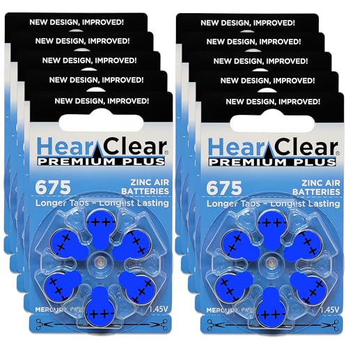 Hear Clear Size 675 PR44 1.45V Hearing Aid Batteries Blue Tab (60 Batteries)