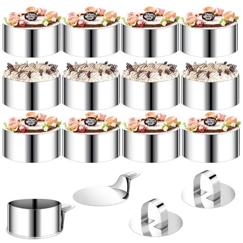 VINATO Set de 12 Cercles à Desserts avec 2 couvercles et 2 socles, Cercle de Service en Acier Inoxydable, diamètre 8 cm pour Mousse Ronde, adapté aux moules à Biscuits, Beignets et gâteaux