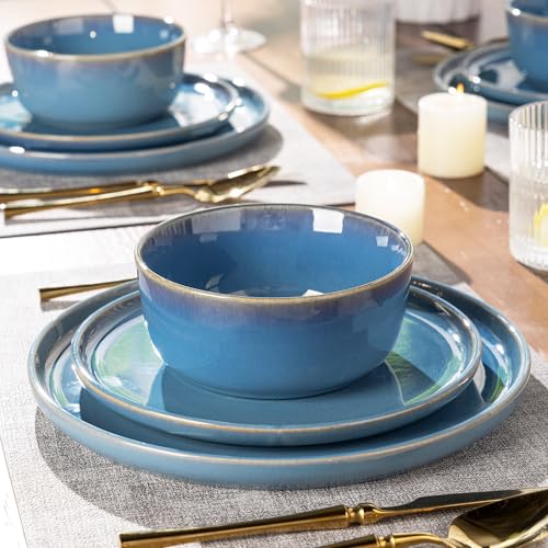 Image of GBHOME Ceramic Dinnerware Sets for 4, 12 Pieces Stoneware Plates and Bowls Sets, Reactive Glaze Dishes -Scratch Resistant, Dishwasher&Microwave Safe-Alaskan Blue