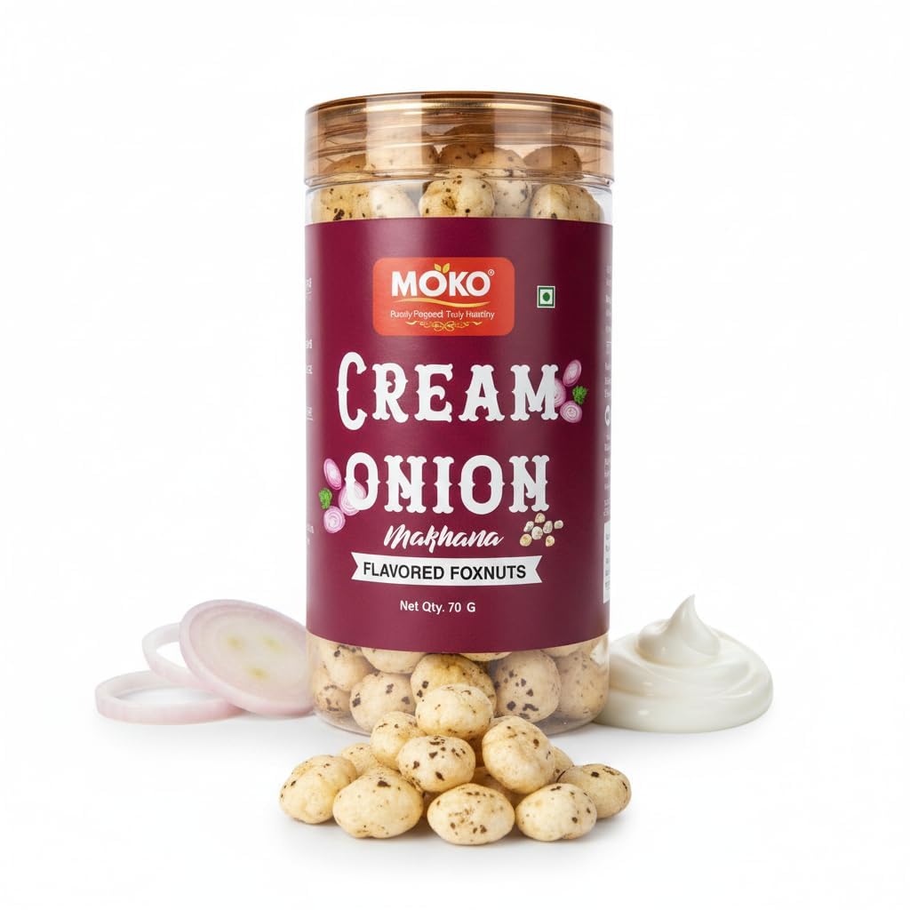 MOKO Cream & Onion Makhana β Roasted Foxnuts Snack, Gluten-Free & High Protein, Healthy Lotus Seeds, Light & Crunchy Evening Snack, 70g