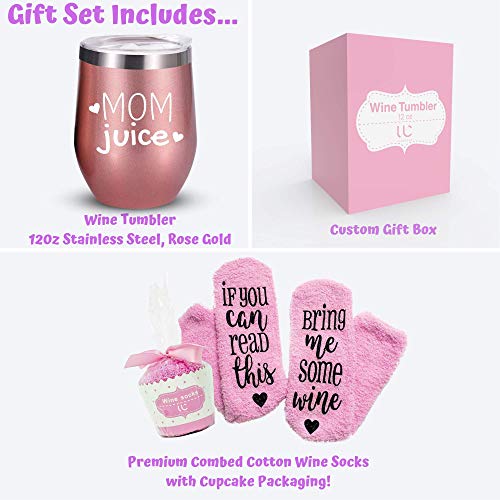 Mom Gift Set | Mom Juice Wine Tumbler + Cupcake Wine Socks | Stainless Steel 12 oz Stemless Wine Tumbler with Lid + Wine Socks | Funny Gifts for Mom, Mom Gifts, Birthday Gifts for Mom