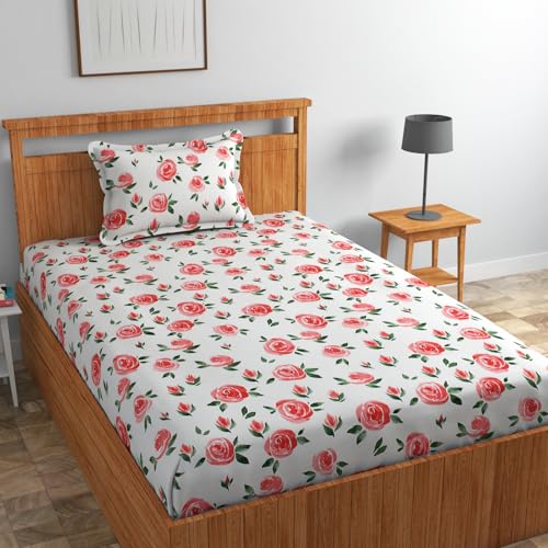 Image of NEW LEAF Premium Glace Cotton 180 TC Flat Single Bedsheets for Summer Breathable | Wrinklefree (Size-60 X 90 Inch) with 1 Pillow Covers (Size-17 X 27 Inches, Pink & White)