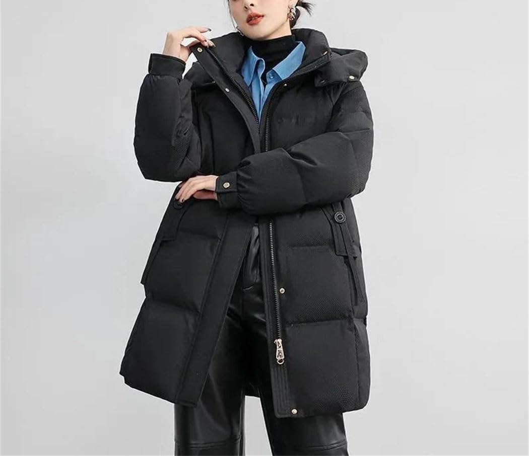 Women’s Down Jacket Hooded Mid Length Cotton Padded Thick Warm Winter Fashion Casual Coat