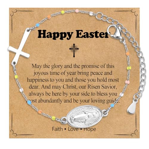 Image of Cross Beaded Bracelet for Girls - Easter Gifts Catholic Religious Christian Jewelry Decorations Easter Egg Stuffers for Kids Goddaughter