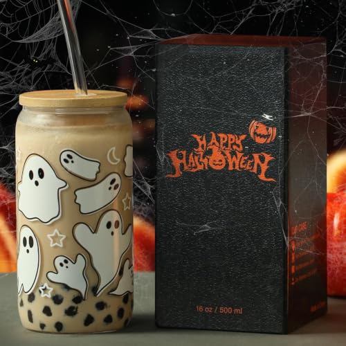 KMCCUMBER Halloween Ghost Glass Cup with Lid Straw Gifts for Women