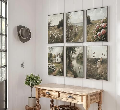 Wavkkey 6Pcs Vintage Farmhouse Wall Art French Country Natural Landscape Posters Paintings Pictures Wall Decor Canvas Print Artwork for Bedroom Living Room Office Home Decoration Unframed by Wavkkey - Used condition - Image 2