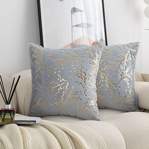 LIGICKY Set of 2 Fluffy Grey Faux Fur Pillow Covers with Gold Branches Glitter Printed Throw Pillows Decorative Soft Furry Sparkling Square Cushion Cases for Sofa Bedroom Party Décor, 20 x 20 inch