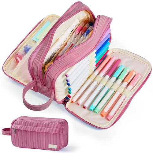 Image of Sooez High Capacity Pencil Case, Soft Corduroy Pencil Pouch with 4 Compartments, Multiple Pockets, Large Bag with Sturdy Zipper, Cute Case Pouch Organizer for Student Teen Girls, Dark Pink