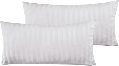 ure Label Set of 2 Mako Satin Damask Striped White Pillowcases 40 x 80 cm, 100% Cotton | Incredibly Soft Cushion Covers, Matches Our Bed Linen Sets