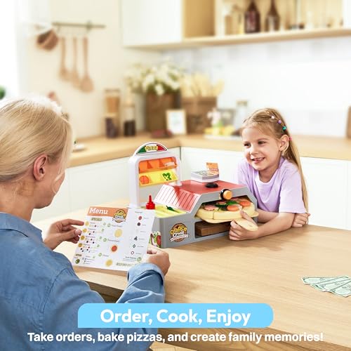 Play Kitchen Food Toy - Pretend and Play Toddler Toys - 78 PCS Pizza Oven with Pretend Smoke, Light & Sound and Color-Changing Toppings - Birthday Gift for Boys Girls