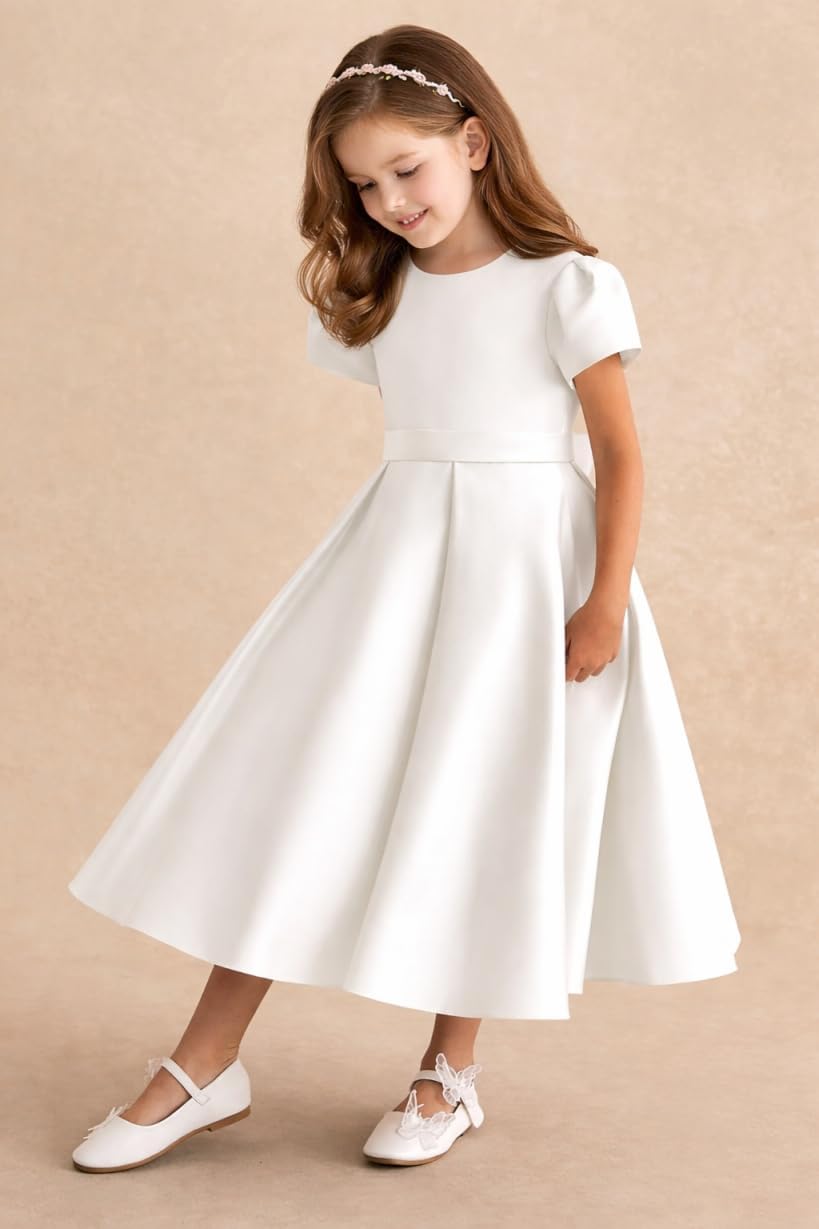 Satin Flower Girl Dress with Short Sleeve Bow Girls Flower Girl Dress Scoop Neck Formal Girl Dresses