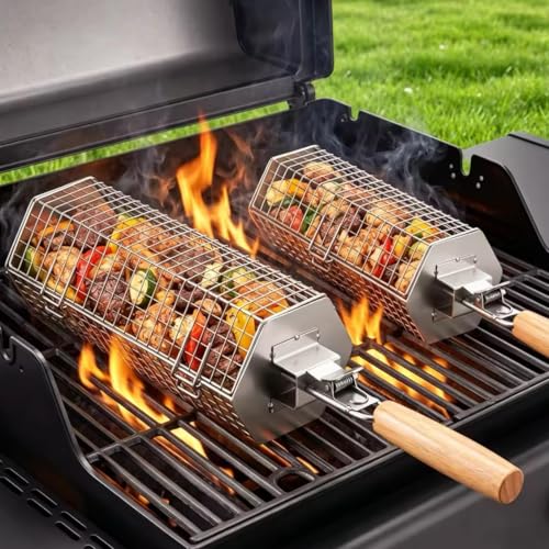 Yaskyly Rollender Grillkorb Set 2-Teilig, Aufklappbares Sechseck-Design, Grill Zubehör mit Abnehmbarer Holzgriff, Edelstahl 304, für Outdoor-Grill, Gemüse, Fleisch und Meeresfrüchte am Außengril