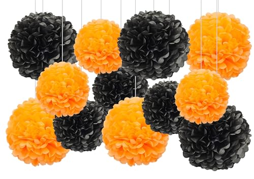 12Pcs Orange Black Hanging Tissue Paper Pom Poms,Pompoms Flowers for Ceiling Party Decorations