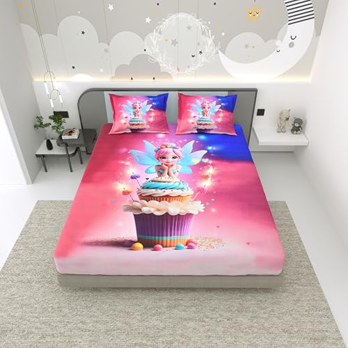 Image of Dream Weaverz 7D Bedsheet for Double Bed King Size with 2 Pillow Covers | Digital Printed & Fitted Elastic for Kids | Soft Glaze Cotton Feel | Fits Upto 12 Inch Mattress (Fairy & Cupcake)