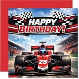 Biglietto di auguri per il 25° compleanno, con scritta "Start Your Engines for a Brilliant 25th – Vibrante scena di auto da corsa in grassetto rosso e blu – quadrato 145 mm, busta inclusa