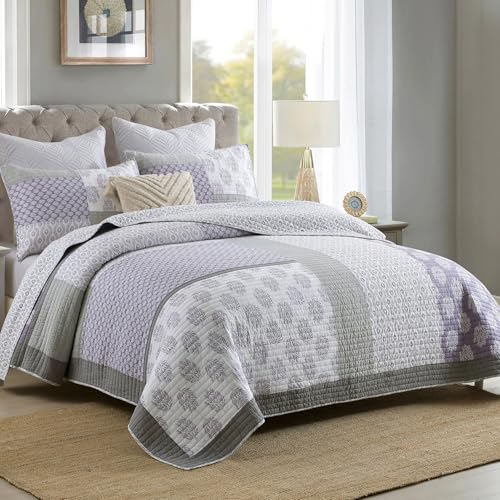 Edredón reversible floral queen de algodón colcha ligera 3 piezas morado 2