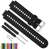 Silicone Waterproof Replacement Watch Bands and Straps with 2PCS Pin Removal Tools + 2PCS Lugs Adapters for Garmin Fouerunner 220 230 235 620 630 735 GPS Running Smart Wrist Watch (Black)