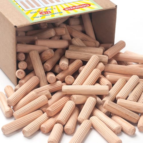 Wooden Dowel Pins 3/8 inch, 150 PCS Fluted Wooden Pegs, Hardwood Wood Dowels for Crafts, Kiln-Dried Fluted & Beveled Design for Woodworking, Furniture, Crafting & DIY Projects