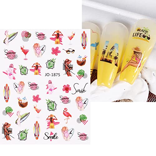 Summer Nail Stickers 3D Self-Adhesive Ocean Beach Nail Art Stickers Flamingo Coconut Art Supplies Hawaiian Nail Decals Geometric Design Nail Accessories Nail Decorations For Nail Art For Women 6Pcs #TOP2