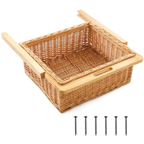 Memorywuu Rustic Wicker Pull out Cabinet Organizer Basket Drawers with Frame and Runners Slide 20" W x 20" l x 8" H for Kitchen Shelf Pantry Storage, Easy DIY Installation
