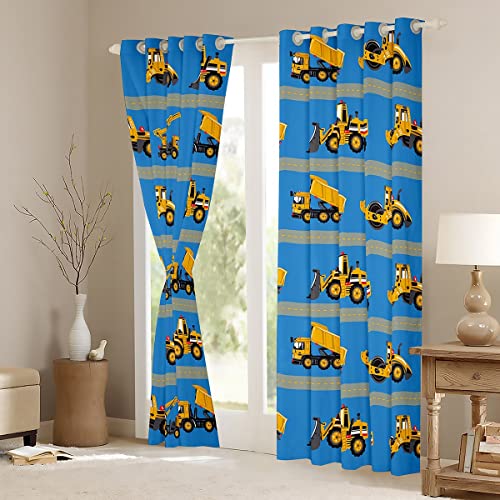 Truck Blackout Curtains 2 Panels 42"Wx63"L, Crane Bulldozer Excavator Kawaii Curtains, Construction Tractor Curtains & Drapes, Hand Drawn Window Treatments Big Wheel Car Kids Car Theme Room Decor Blue #TOP2