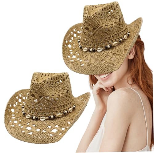 Chapeau de cowboy en paille style ouest avec perles et cordon de serrage - 4
