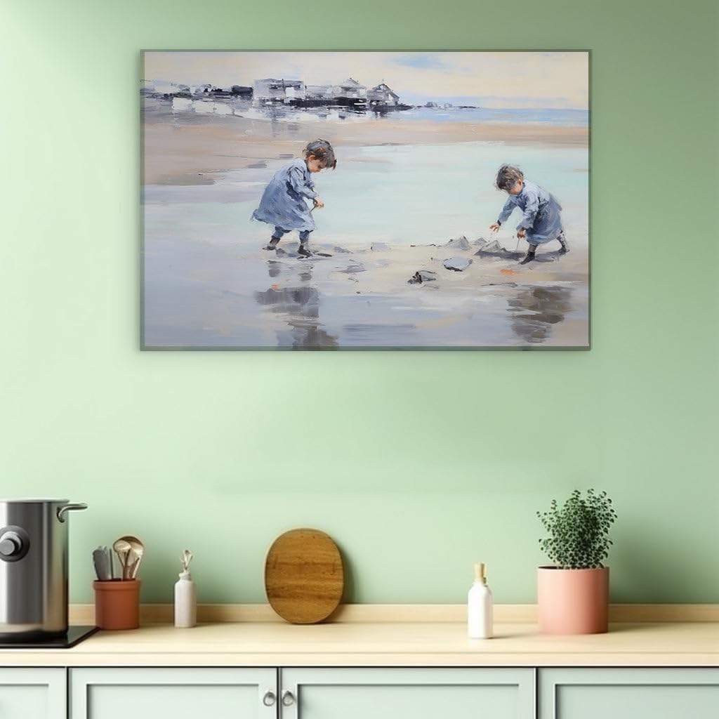 Canvas for Living room. Seaside Innocence: Two Little Girls in Blue and the Calm of Nature's Embrace, 27 x 18 inch Canvas Wall Art - Ready to Hang