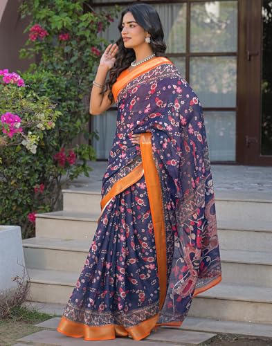 Image of SIRIL Women's Printed Cotton Saree with Unstitched Blouse Piece