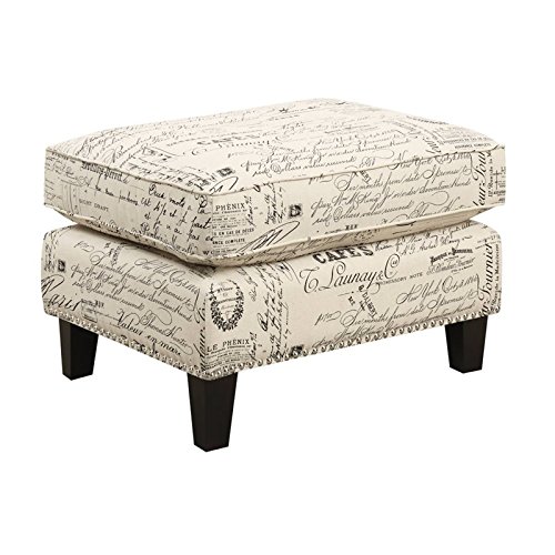 BOWERY HILL French Script Fabric Upholstered Ottoman with Wooden Feet in Off-White Espresso