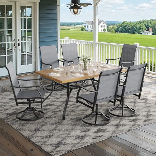 Image of Soohow 7-Piece Outdoor Dining Set, Patio Dining Table and Chairs Set for 6, 6 x Swivel Patio Chairs and 60 inchx35 inch Dining Table with 1.57 inch Umbrella Hole, Wood-Like, Ideal for Poolside, Backyard, Deck