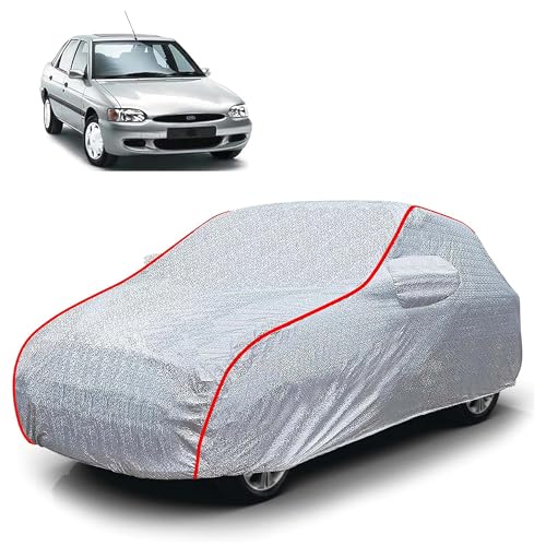Image of Sulfar 100% Waterproof Car Body Cover Compatible with Mirror for Ford Escort (Triple Stitched, Full Bottom Elastic, Magic Silver with Red Piping)