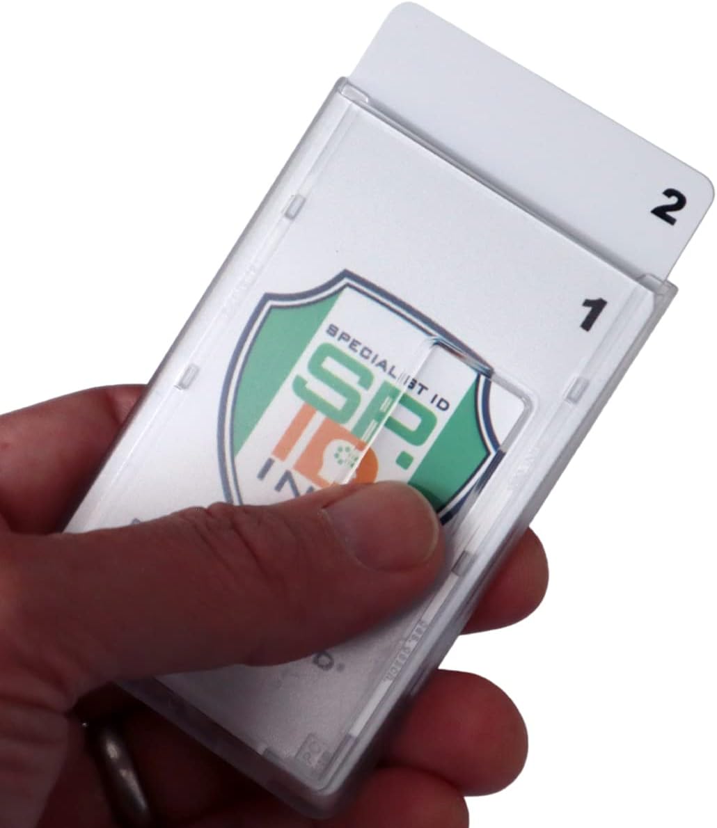 Bulk 50 Pack - Heavy Duty Dual Sided Badge Holders - Holds 2 Cards - Polycarbonate Vertical - Durable Rigid Clear Hard Plastic Badges - Secure Top Load Sleeve Card Protector Case by Specialist ID