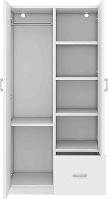 ATY Double Doors Wardrobe Closet Drawer and 5 Open Shelves, Wooden Armoire w/Hanging Rod, Freestanding Storage Organization Cabinet for Bedroom, 71",White