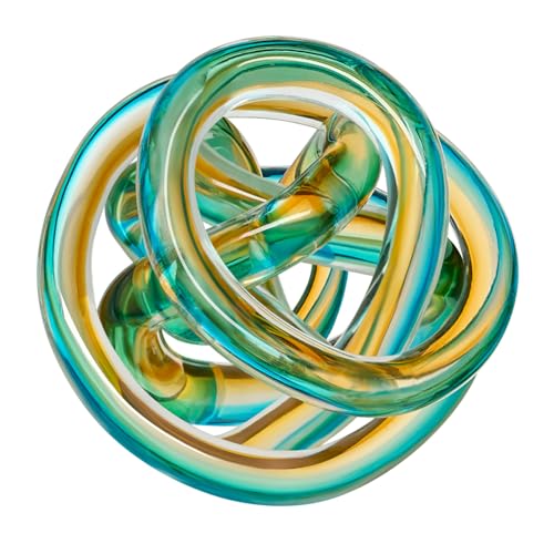 Torre & Tagus Orbit Hand Blown Glass Infinity Knot Sculpture - 3 Inch Glass Art Teal Amber Knot Decor Ball for Home Decor, Small Centerpiece Table Decoration for Home Interior (Ombre Ocean Sunset)