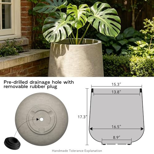 Image of Kante Weathered Concrete Planter 16.5 inch Dia All-Weather Round Large Pot | Handcrafted Cement Curved, Anti-Frost & UV Outdoors, Plug for Indoor, Lightweight & Durable, Modern Home, Garden, Porch