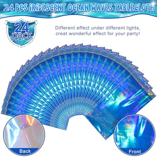 Image of Hallswl 24Pcs 54 x 108 Inch Iridescent Ocean Waves Plastic Tablecloths | Disposable Blue Table Cloth Rectangle Table Covers for Under the Sea Beach Pool Party Birthday Party Decorations