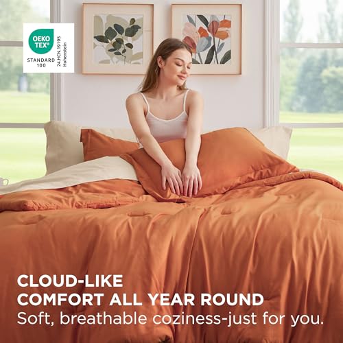 Image of Bedsure King Size Comforter Set - 7 Pieces Burnt Orange King Bedding Set for All Seasons, Boho Contrasting Design Bed in a Bag with Comforter, Sheets, Pillowcases & Shams