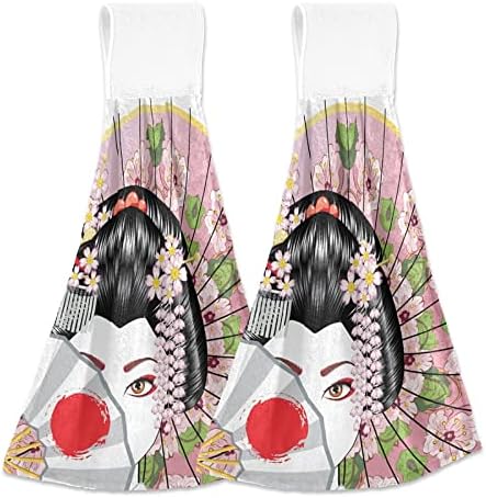 Toalla de cocina tradicional de Geisha Girl con lazo, paquete de 2 toallas de mano orientales japonesas para mujer, microfibra suave, terciopelo