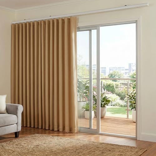 Image of hoeflife Room Divider Curtains Blackout Floor to Ceiling Curtain with Hook Wall Mount Sliding Door Curtains Ceiling Mount Extra Wide Curtain Wall Divider for Room Separation (Khaki, W180 x H84 Inch)