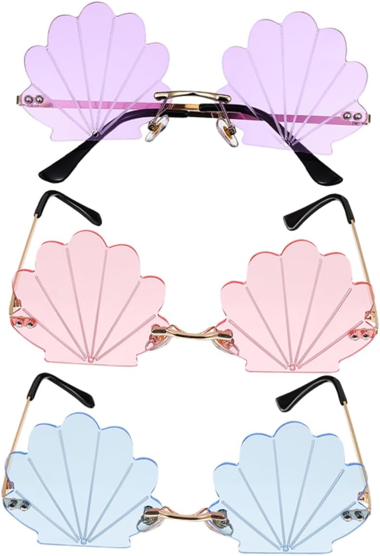 NOLITOY 3pcs Seashell Rimless Novelty Sunglasses for Lightweight and Comfortable Eyewear Fun Photo Booth Props for Beach Gatherings and Festivals