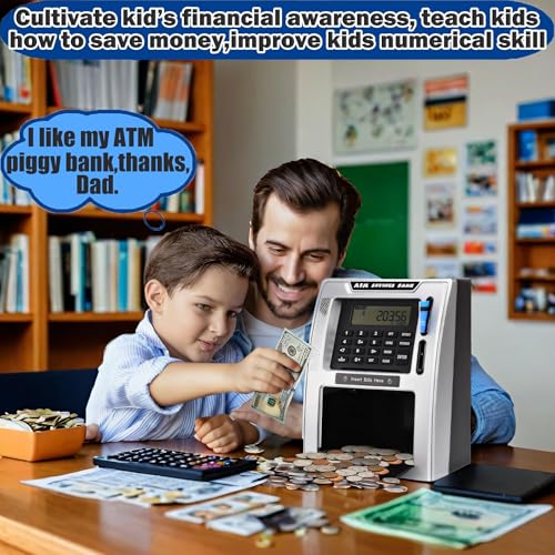 Fishboy Talking ATM Piggy Bank for Kids with Dual Debit Cards, Power-Off Memory, Auto-Opening Drawer for Real Money for Boys, Onekey Shutdown, Bill Feeder, Coin Recognition, Balance Calculator Machine